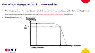 21
• When the temperature has reached a value for which the allowed design tensile strength has fallen to (Z/1.21) times
what it was at the design temperature, then a temperature sensitive relief device should open.
• Relieve temperature: Tr
Over temperature protection in the event of fire
 