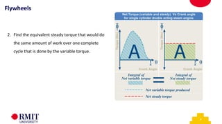 8
2. Find the equivalent steady torque that would do
the same amount of work over one complete
cycle that is done by the variable torque.
Flywheels
 