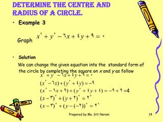 Determine the centre and radius of a circle. Example 3 Graph  Solution We can change the given equation into the  standard form of the circle by completing the square on  x  and  y  as follow 4 