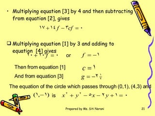 Multiplying equation [3] by 4 and then subtracting from equation [2], gives  Multiplying equation [1] by 3 and adding to equation  [4] gives  or Then from equation [1] And from equation [3] The equation of the circle which passes through (0,1), (4,3) and   is   