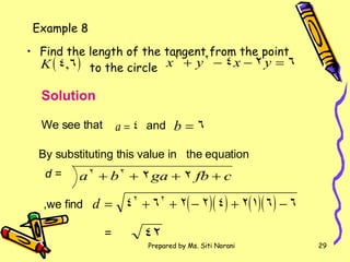 Find the length of the tangent from the point    to the circle  Solution We see that   and By substituting this value in  the equation   d =  ,we find   =   Example 8 
