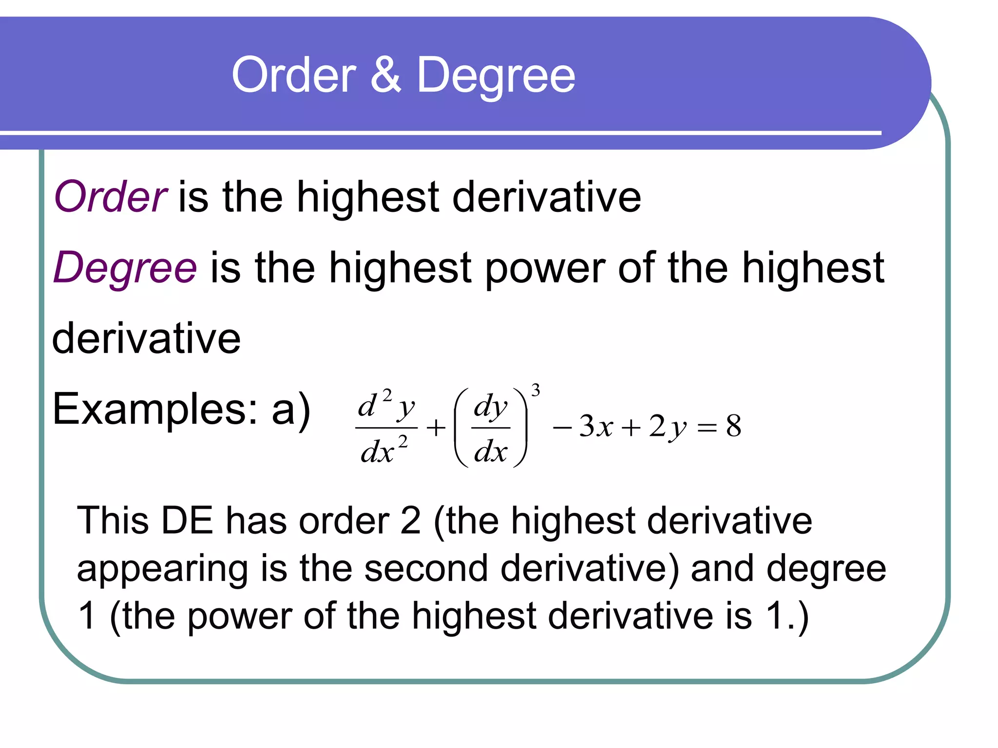 Order  is the highest derivative Degree  is the highest power of the highest  derivative  Examples: a) This   DE has order 2 (the highest derivative appearing is the second derivative) and degree 1 (the power of the highest derivative is 1.) Order & Degree 