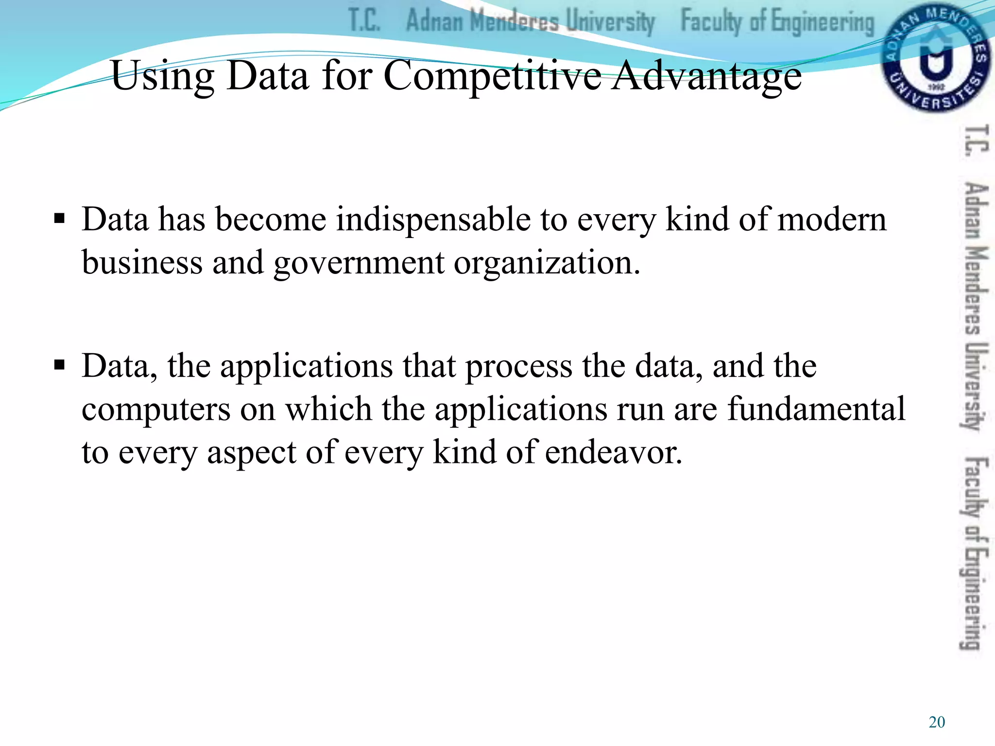 Using Data for Competitive Advantage
 Data has become indispensable to every kind of modern
business and government organization.
 Data, the applications that process the data, and the
computers on which the applications run are fundamental
to every aspect of every kind of endeavor.
20
 