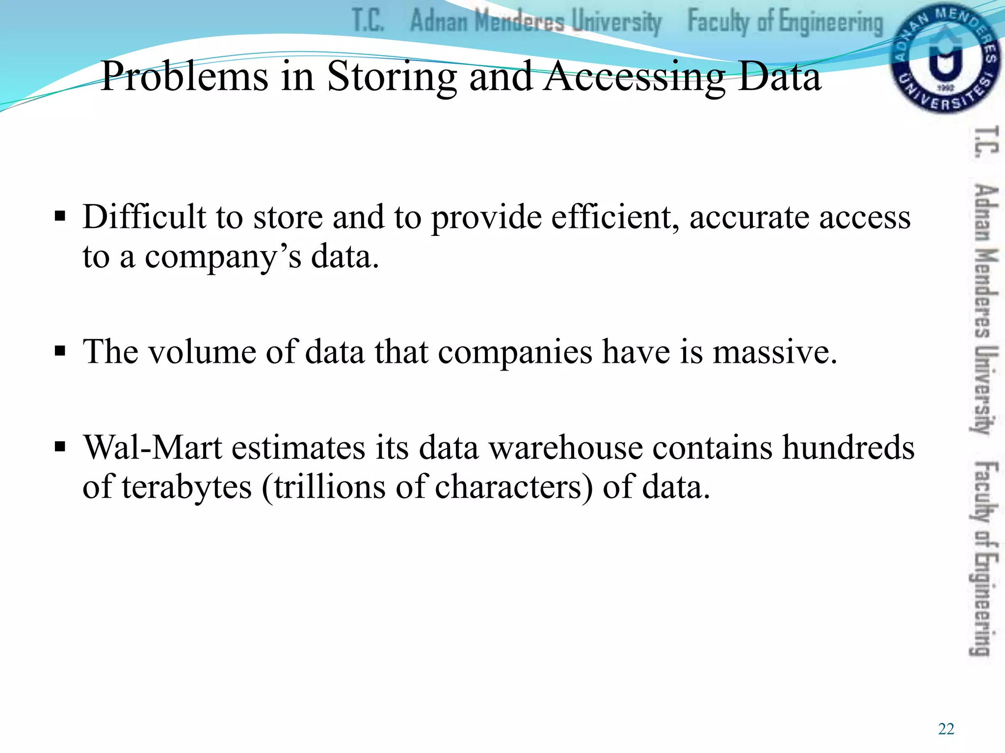 Problems in Storing and Accessing Data
 Difficult to store and to provide efficient, accurate access
to a company’s data.
 The volume of data that companies have is massive.
 Wal-Mart estimates its data warehouse contains hundreds
of terabytes (trillions of characters) of data.
22
 