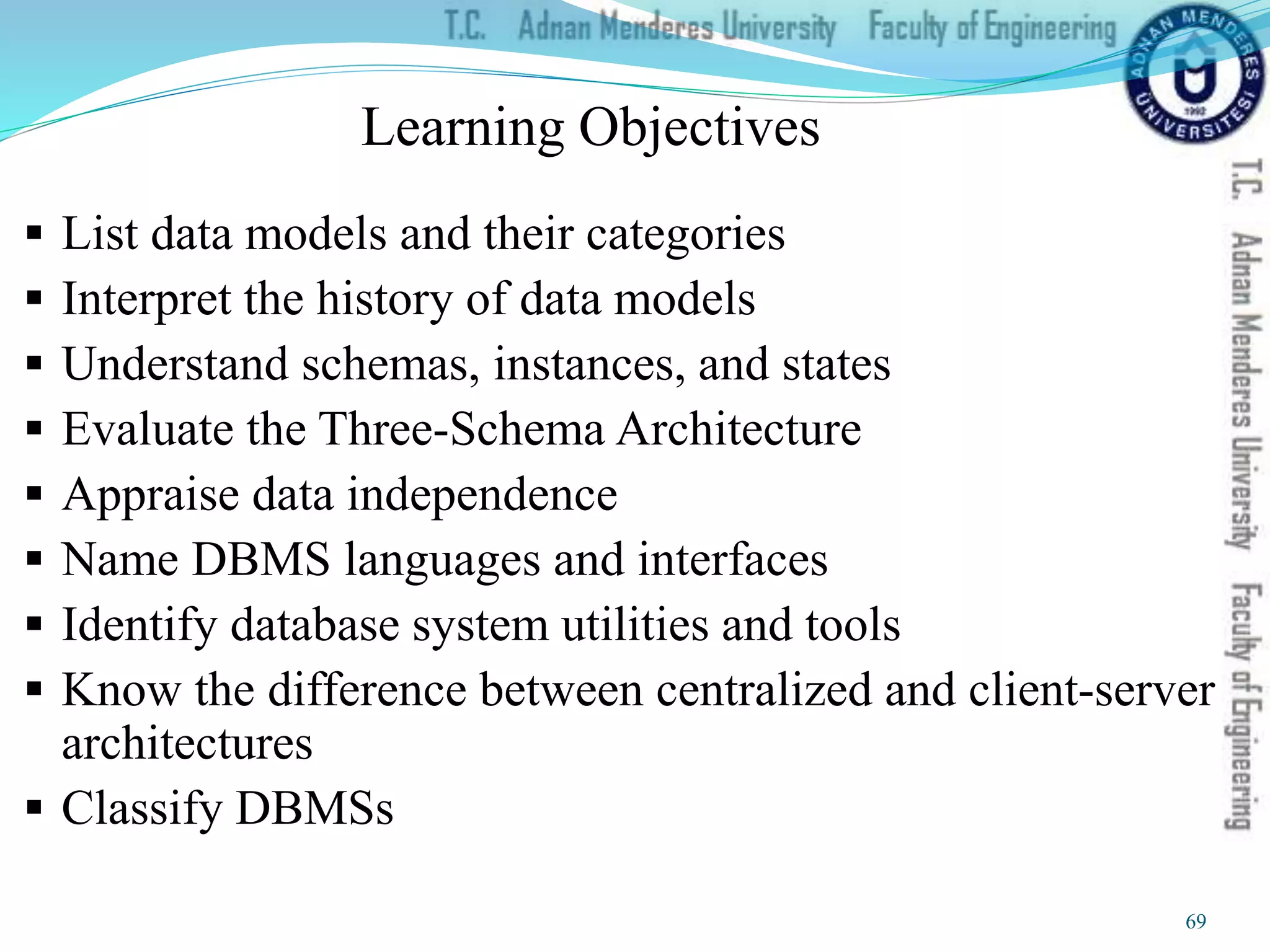  List data models and their categories
 Interpret the history of data models
 Understand schemas, instances, and states
 Evaluate the Three-Schema Architecture
 Appraise data independence
 Name DBMS languages and interfaces
 Identify database system utilities and tools
 Know the difference between centralized and client-server
architectures
 Classify DBMSs
Learning Objectives
69
 
