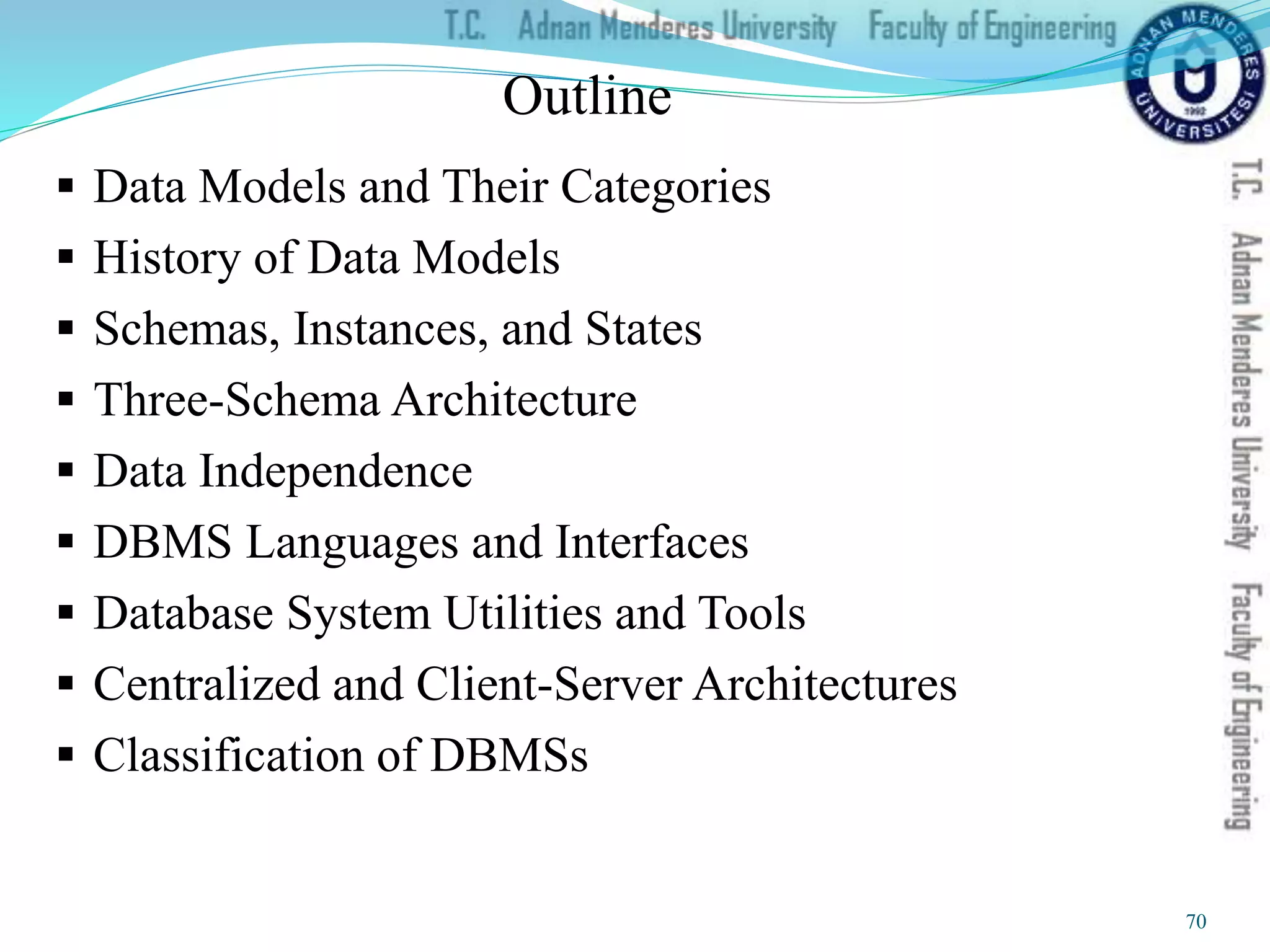  Data Models and Their Categories
 History of Data Models
 Schemas, Instances, and States
 Three-Schema Architecture
 Data Independence
 DBMS Languages and Interfaces
 Database System Utilities and Tools
 Centralized and Client-Server Architectures
 Classification of DBMSs
Outline
70
 