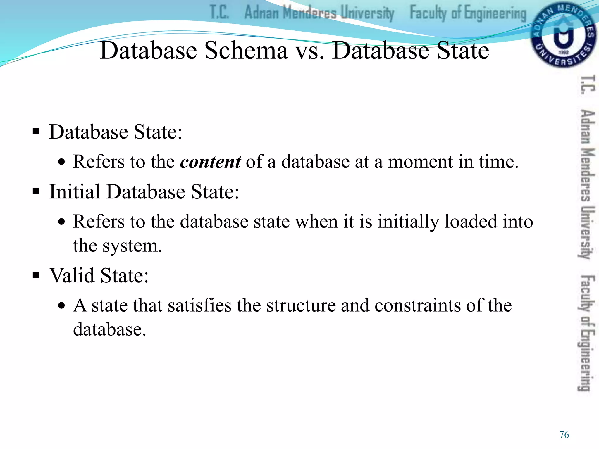 Database Schema vs. Database State
 Database State:
 Refers to the content of a database at a moment in time.
 Initial Database State:
 Refers to the database state when it is initially loaded into
the system.
 Valid State:
 A state that satisfies the structure and constraints of the
database.
76
 