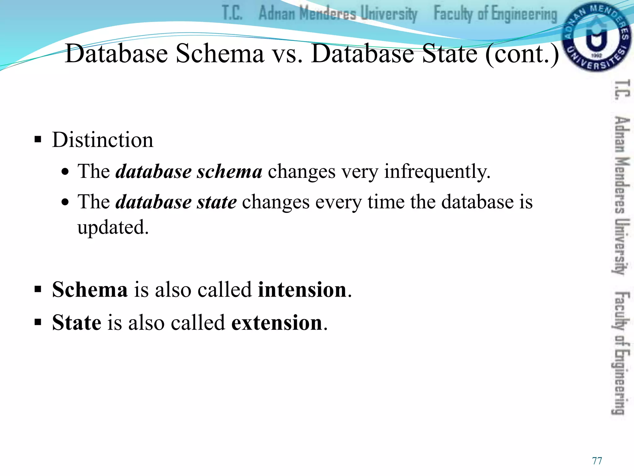 Distinction
 The database schema changes very infrequently.
 The database state changes every time the database is
updated.
 Schema is also called intension.
 State is also called extension.
Database Schema vs. Database State (cont.)
77
 