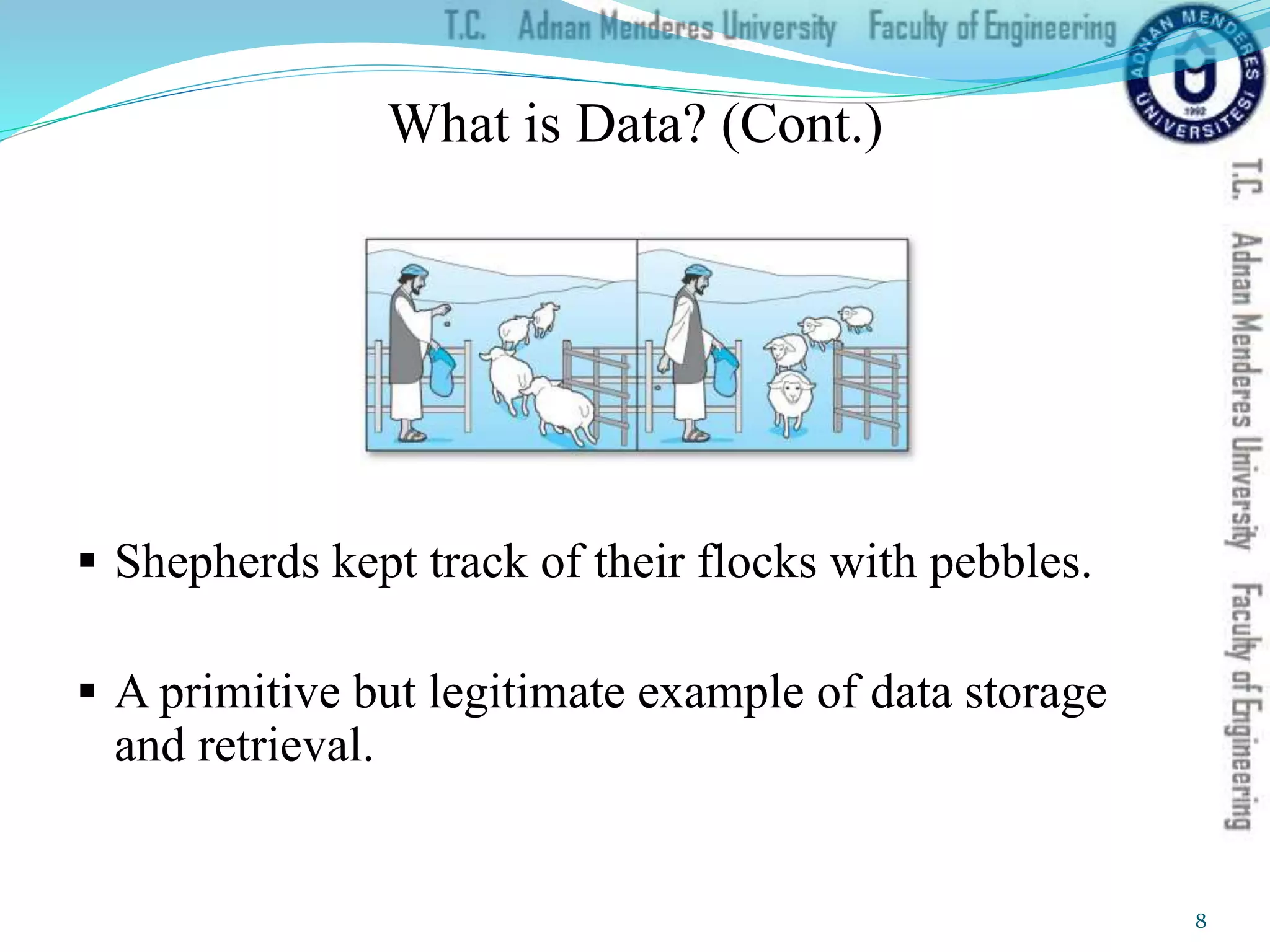  Shepherds kept track of their flocks with pebbles.
 A primitive but legitimate example of data storage
and retrieval.
What is Data? (Cont.)
8
 
