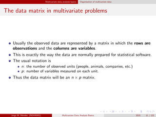 Multivariate data analysis basics Organisation of multivariate data
The data matrix in multivariate problems
Usually the o...