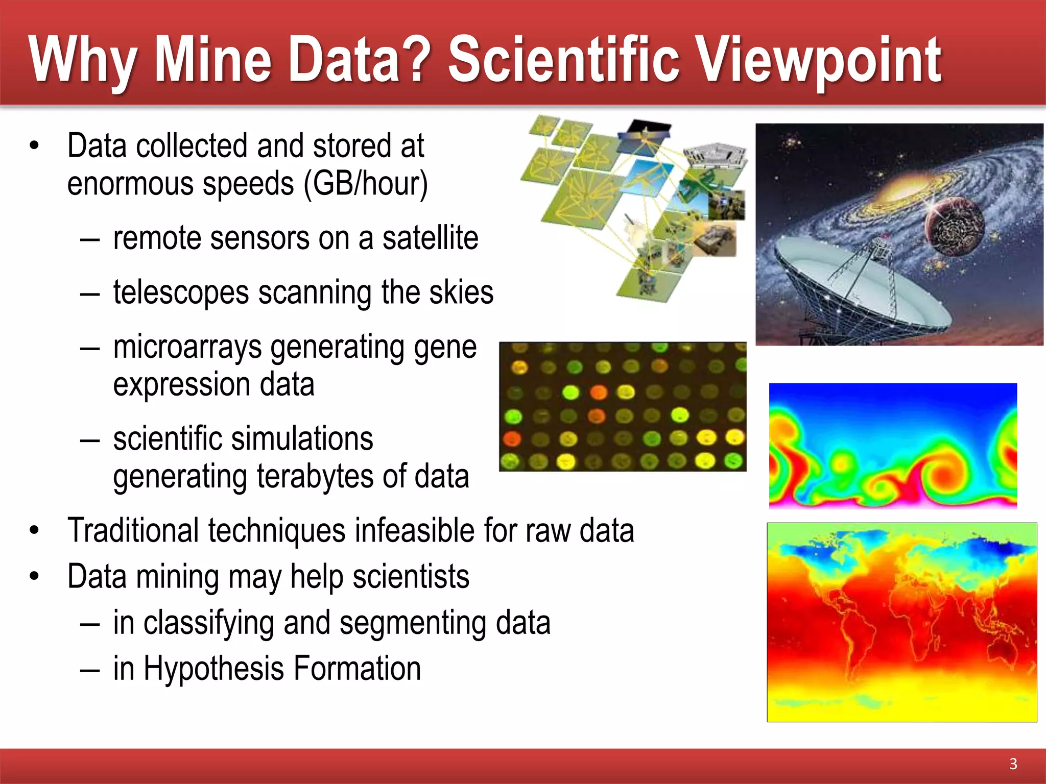 Why Mine Data? Scientific Viewpoint
• Data collected and stored at
enormous speeds (GB/hour)
– remote sensors on a satellite
– telescopes scanning the skies
– microarrays generating gene
expression data
– scientific simulations
generating terabytes of data
• Traditional techniques infeasible for raw data
• Data mining may help scientists
– in classifying and segmenting data
– in Hypothesis Formation
3
 