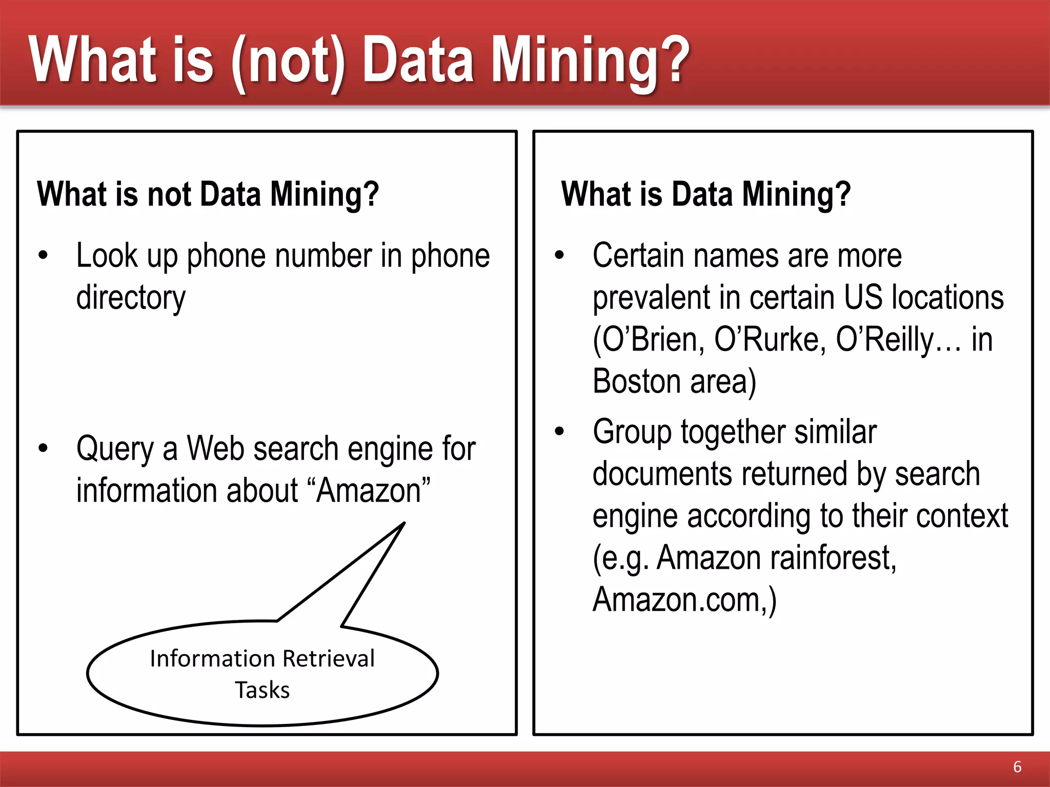 What is (not) Data Mining?
What is not Data Mining?
• Look up phone number in phone
directory
• Query a Web search engine for
information about “Amazon”
What is Data Mining?
• Certain names are more
prevalent in certain US locations
(O’Brien, O’Rurke, O’Reilly… in
Boston area)
• Group together similar
documents returned by search
engine according to their context
(e.g. Amazon rainforest,
Amazon.com,)
6
Information Retrieval
Tasks
 