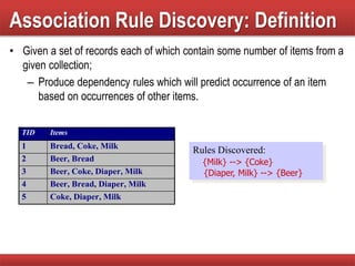 Association Rule Discovery: Definition
• Given a set of records each of which contain some number of items from a
given collection;
– Produce dependency rules which will predict occurrence of an item
based on occurrences of other items.
TID Items
1 Bread, Coke, Milk
2 Beer, Bread
3 Beer, Coke, Diaper, Milk
4 Beer, Bread, Diaper, Milk
5 Coke, Diaper, Milk
Rules Discovered:
{Milk} --> {Coke}
{Diaper, Milk} --> {Beer}
 