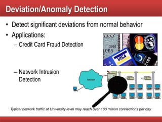 Deviation/Anomaly Detection
• Detect significant deviations from normal behavior
• Applications:
– Credit Card Fraud Detection
– Network Intrusion
Detection
Typical network traffic at University level may reach over 100 million connections per day
 
