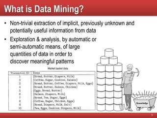 What is Data Mining?
• Non-trivial extraction of implicit, previously unknown and
potentially useful information from data
• Exploration & analysis, by automatic or
semi-automatic means, of large
quantities of data in order to
discover meaningful patterns
5
 