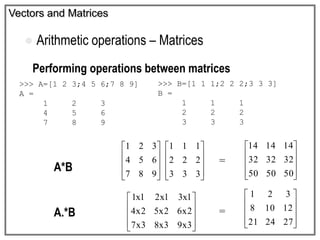 Vectors and Matrices
 Arithmetic operations – Matrices
Performing operations between matrices
>>> A=[1 2 3;4 5 6;7 8 9]
A =
1 2 3
4 5 6
7 8 9
>>> B=[1 1 1;2 2 2;3 3 3]
B =
1 1 1
2 2 2
3 3 3
A*B 



















333
222
111
987
654
321
A.*B










3x93x83x7
2x62x52x4
1x31x21x1










272421
12108
321
=
=










505050
323232
141414
 