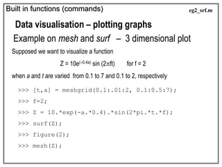 Built in functions (commands)
Data visualisation – plotting graphs
Example on mesh and surf – 3 dimensional plot
>>> [t,a] = meshgrid(0.1:.01:2, 0.1:0.5:7);
>>> f=2;
>>> Z = 10.*exp(-a.*0.4).*sin(2*pi.*t.*f);
>>> surf(Z);
>>> figure(2);
>>> mesh(Z);
Supposed we want to visualize a function
Z = 10e(–0.4a) sin (2ft) for f = 2
when a and t are varied from 0.1 to 7 and 0.1 to 2, respectively
eg2_srf.m
 
