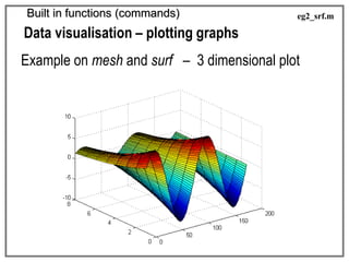 Built in functions (commands)
Data visualisation – plotting graphs
Example on mesh and surf – 3 dimensional plot
eg2_srf.m
 