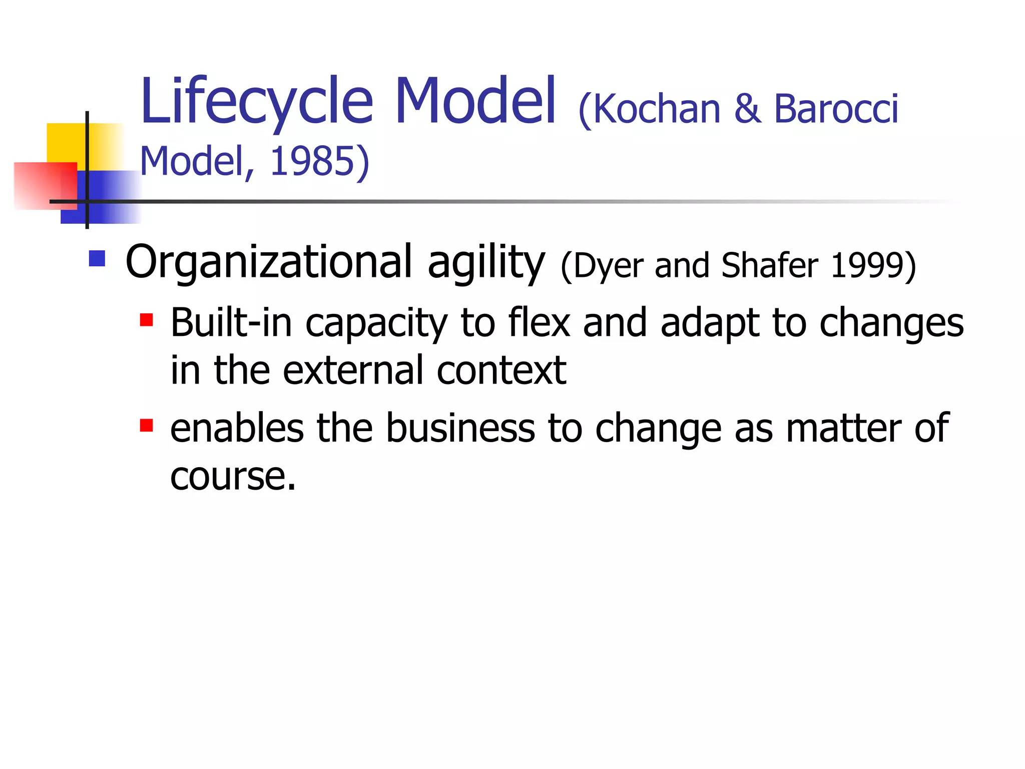 Lifecycle Model  (Kochan & Barocci Model, 1985) Organizational agility  (Dyer and Shafer 1999) Built-in capacity to flex and adapt to changes in the external context enables the business to change as matter of course. 