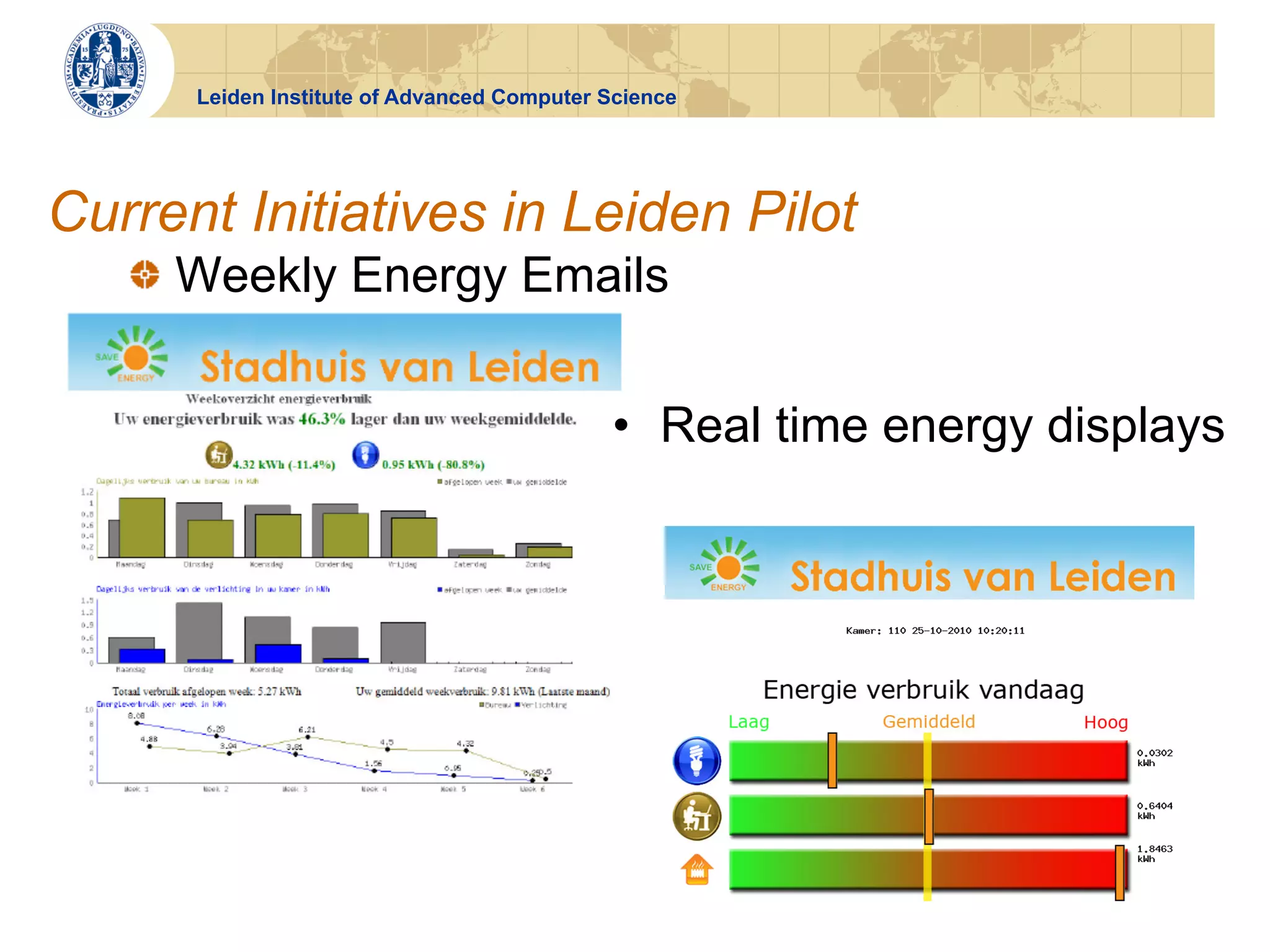 Leiden Institute of Advanced Computer Science




Current Initiatives in Leiden Pilot
   !   Weekly Energy Emails


                                            •  Real time energy displays
 