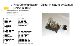  First Communication –Digital in nature by Samuel
Morse in 1837.
 