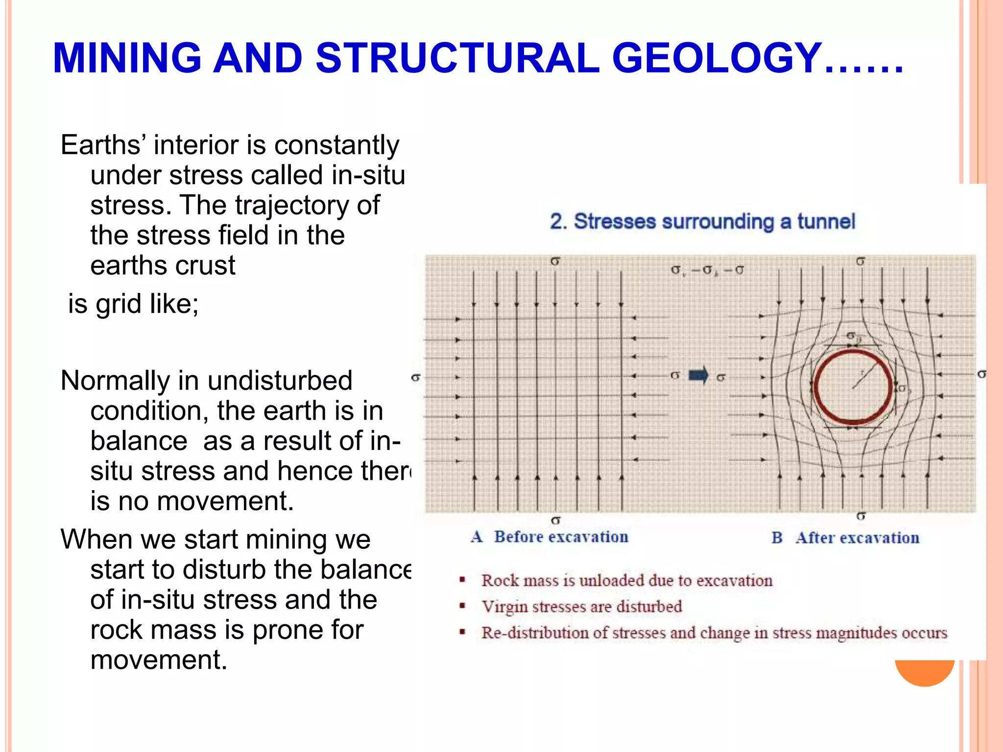 MINING AND STRUCTURAL GEOLOGY……
Earths’ interior is constantly
under stress called in-situ
stress. The trajectory of
the stress field in the
earths crust
is grid like;
Normally in undisturbed
condition, the earth is in
balance as a result of in-
situ stress and hence there
is no movement.
When we start mining we
start to disturb the balance
of in-situ stress and the
rock mass is prone for
movement.
 