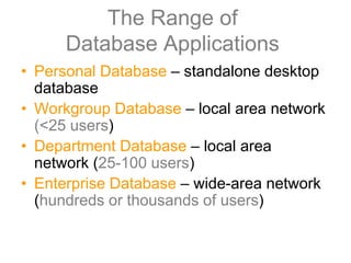 The Range of
Database Applications
• Personal Database – standalone desktop
database
• Workgroup Database – local area network
(<25 users)
• Department Database – local area
network (25-100 users)
• Enterprise Database – wide-area network
(hundreds or thousands of users)
 