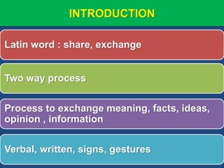 INTRODUCTION
Latin word : share, exchange
Two way process
Process to exchange meaning, facts, ideas,
opinion , information
Verbal, written, signs, gestures
 