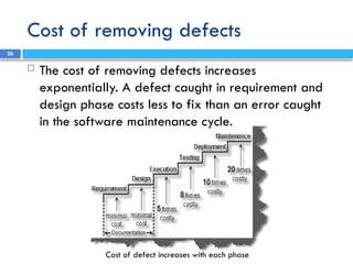 Cost of removing defects
26
 The cost of removing defects increases
exponentially. A defect caught in requirement and
design phase costs less to fix than an error caught
in the software maintenance cycle.
Cost of defect increases with each phase
 