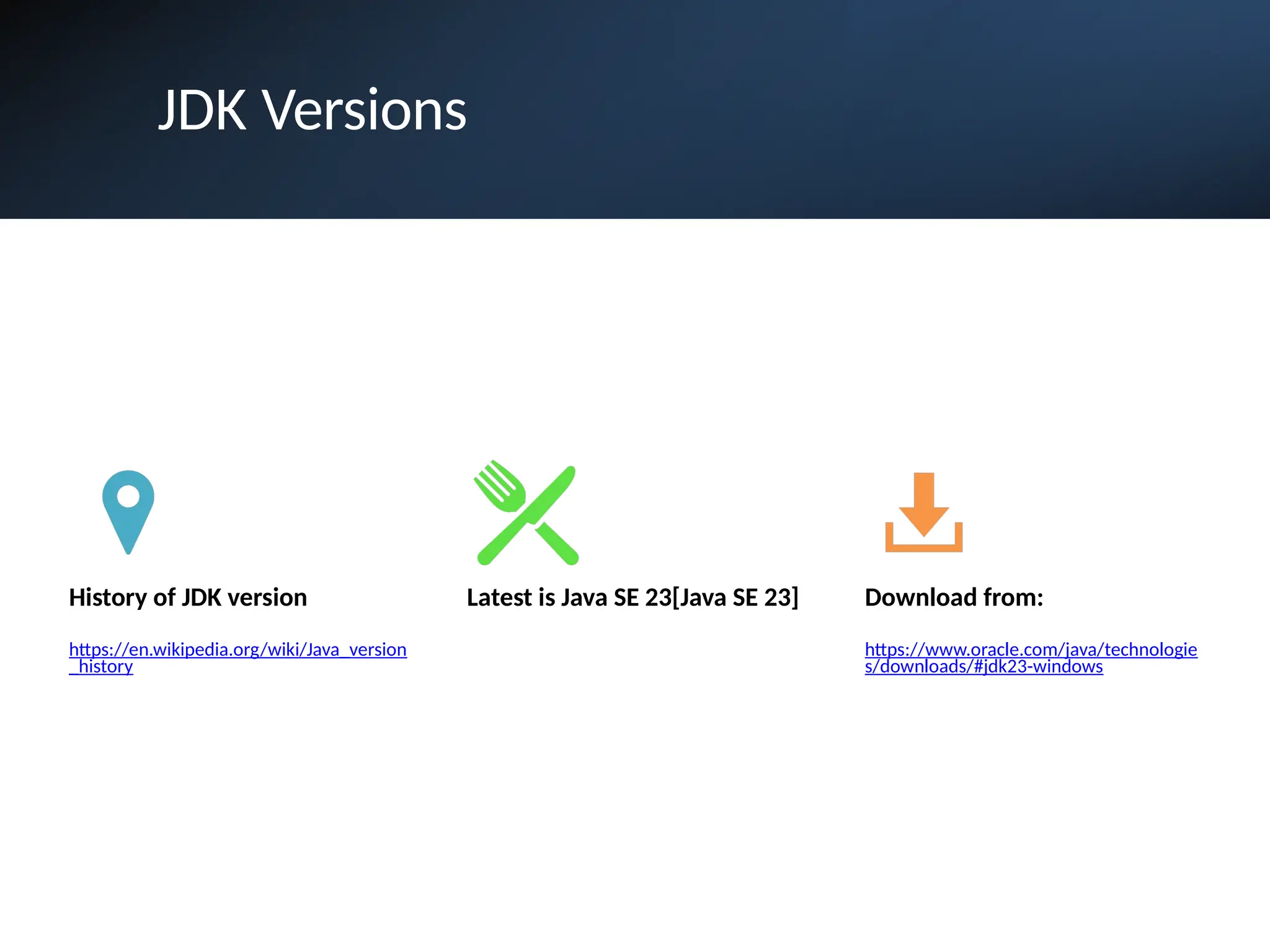 JDK Versions
History of JDK version
https://en.wikipedia.org/wiki/Java_version
_history
Latest is Java SE 23[Java SE 23] Download from:
https://www.oracle.com/java/technologie
s/downloads/#jdk23-windows
 