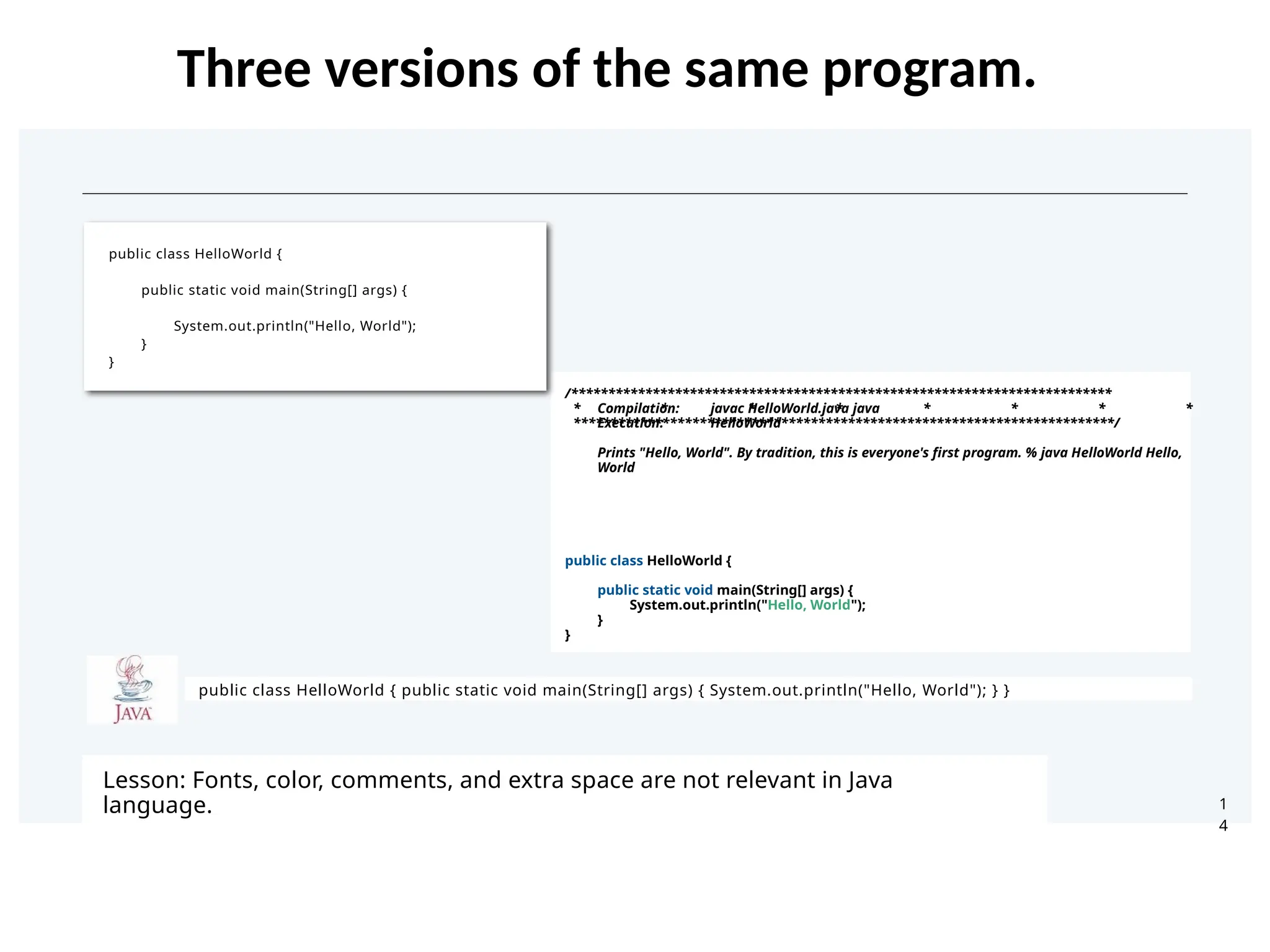 Three versions of the same program.
1
4
/*************************************************************************
* * * * * * * *
*************************************************************************/
Compilation:
Execution:
javac HelloWorld.java java
HelloWorld
Prints "Hello, World". By tradition, this is everyone's first program. % java HelloWorld Hello,
World
public class HelloWorld {
public static void main(String[] args) {
System.out.println("Hello, World");
}
}
public class HelloWorld { public static void main(String[] args) { System.out.println("Hello, World"); } }
public class HelloWorld {
public static void main(String[] args) {
System.out.println("Hello, World");
}
}
Lesson: Fonts, color, comments, and extra space are not relevant in Java
language.
 