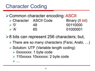 12
Character Coding
ØCommon character encoding: ASCII
Ø Character ASCII Code Binary (8 bit)
Ø ‘0’ 48 00110000
Ø ‘A’ 65 01000001
Ø8 bits can represent 256 characters; but,
Ø There are so many characters (Farsi, Arabi, …)
Ø Solution: UTF (Variable length coding)
Ø 0xxxxxxx: 1 byte code
Ø 110xxxxx 10xxxxxx: 2 byte code
Ø …
 