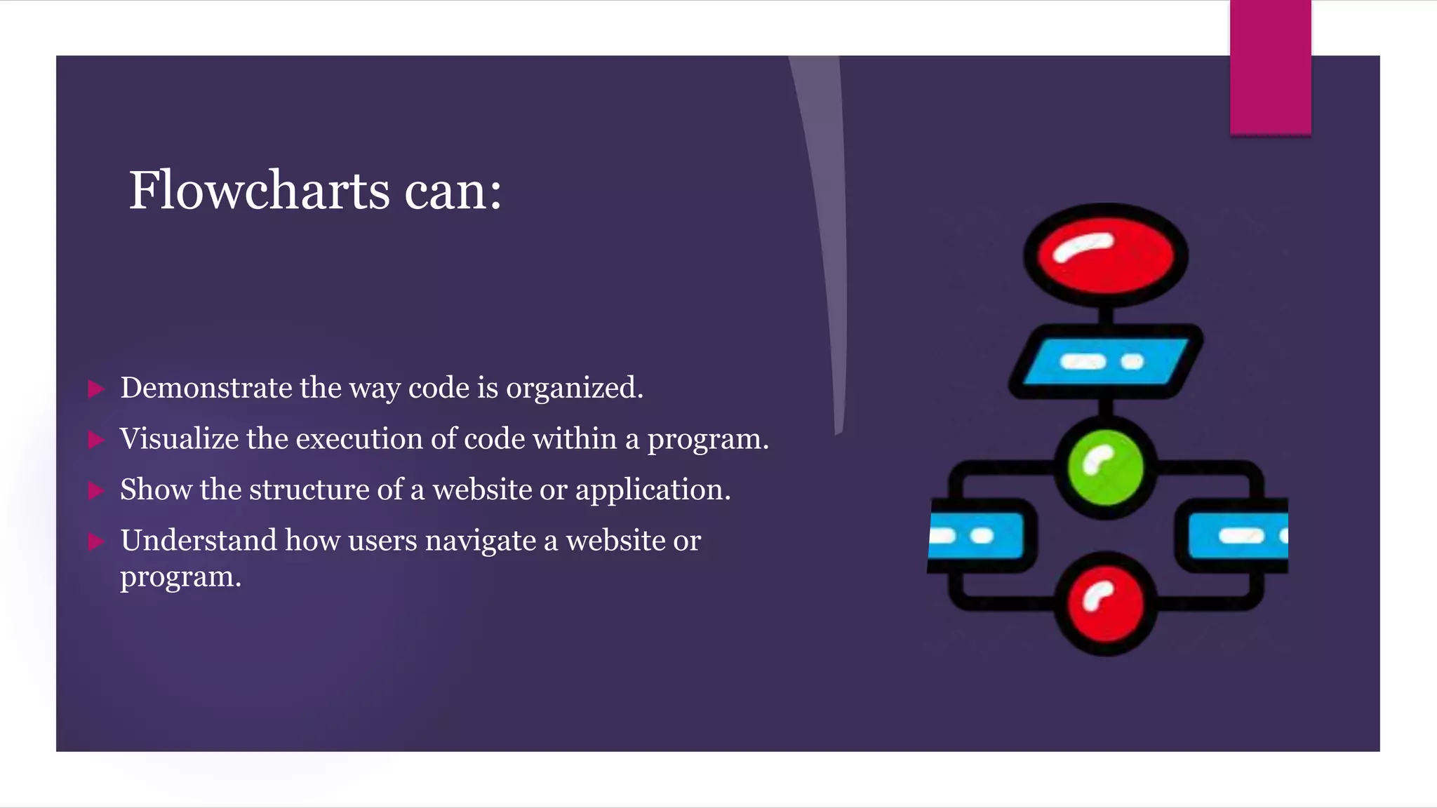 Flowcharts can:
 Demonstrate the way code is organized.
 Visualize the execution of code within a program.
 Show the structure of a website or application.
 Understand how users navigate a website or
program.
 