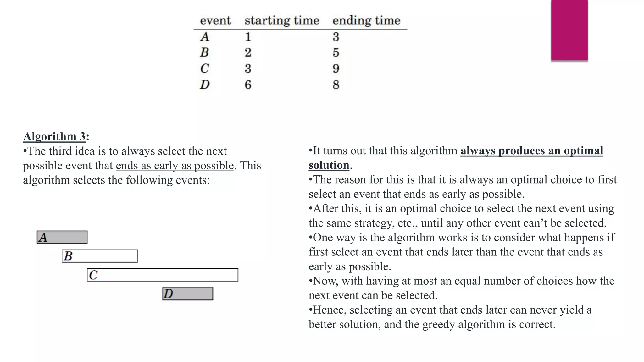 Algorithm 3:
•The third idea is to always select the next
possible event that ends as early as possible. This
algorithm selects the following events:
•It turns out that this algorithm always produces an optimal
solution.
•The reason for this is that it is always an optimal choice to first
select an event that ends as early as possible.
•After this, it is an optimal choice to select the next event using
the same strategy, etc., until any other event can’t be selected.
•One way is the algorithm works is to consider what happens if
first select an event that ends later than the event that ends as
early as possible.
•Now, with having at most an equal number of choices how the
next event can be selected.
•Hence, selecting an event that ends later can never yield a
better solution, and the greedy algorithm is correct.
 