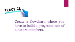 Create a flowchart, where you
have to build a program: sum of
n natural numbers.
 