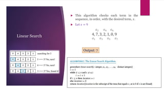 Linear Search
 This algorithm checks each term in the
sequence, in order, with the desired term, 𝑥.
 Let 𝑥 = 9
4, 7, 3, 2, 1, 0, 9
𝑎1
𝑎2
𝑎3
𝑎4
𝑎5 𝑎7
𝑎6
Output: 7
 