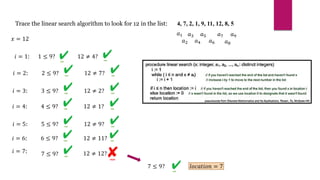 Trace the linear search algorithm to look for 12 in the list: 4, 7, 2, 1, 9, 11, 12, 8, 5
𝑥 = 12
𝑎1 𝑎3
𝑎4
𝑎5
𝑎6
𝑎7
𝑎8
𝑎2
𝑎9
𝑖 = 1: 1 ≤ 9? 12 ≠ 4?
𝑖 = 2: 2 ≤ 9? 12 ≠ 7?
𝑖 = 3: 3 ≤ 9? 12 ≠ 2?
𝑖 = 4: 4 ≤ 9? 12 ≠ 1?
𝑖 = 5: 5 ≤ 9? 12 ≠ 9?
𝑖 = 6: 6 ≤ 9? 12 ≠ 11?
𝑖 = 7: 7 ≤ 9? 12 ≠ 12?
7 ≤ 9? 𝑙𝑜𝑐𝑎𝑡𝑖𝑜𝑛 = 7
 