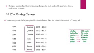  Design a greedy algorithm for making change of n U.S. cents with quarters, dimes,
nickels and pennies.
$0.97 – Making Change
 At each step, use the largest possible value coin that does not exceed the amount of change left.
$0.97 Quarter
$0.72
$0.97 − $0.25
Quarter $0.72 − $0.25
$0.47 Quarter $0.47 − $0.25
$0.22 Dime $0.22 − $0.10
$0.12 Dime $0.12 − $0.10
$0.02 Penny $0.02 − $0.01
$0.01 Penny $0.01 − $0.01
 