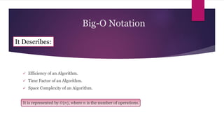 Efficiency of an Algorithm.
 Time Factor of an Algorithm.
 Space Complexity of an Algorithm.
It is represented by 𝑂(𝑛), where 𝑛 is the number of operations.
It Describes:
Big-O Notation
 