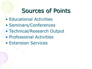 Sources of Points
Sources of Points
• Educational Activities
• Seminars/Conferences
• Technical/Research Output
• Professional Activities
• Extension Services
 
