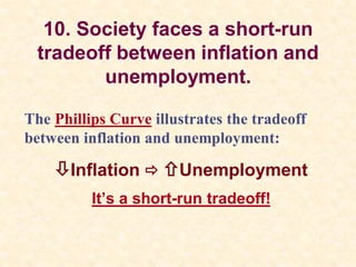 10. Society faces a short-run
tradeoff between inflation and
unemployment.
The Phillips Curve illustrates the tradeoff
between inflation and unemployment:
Inflation  Unemployment
It’s a short-run tradeoff!
 