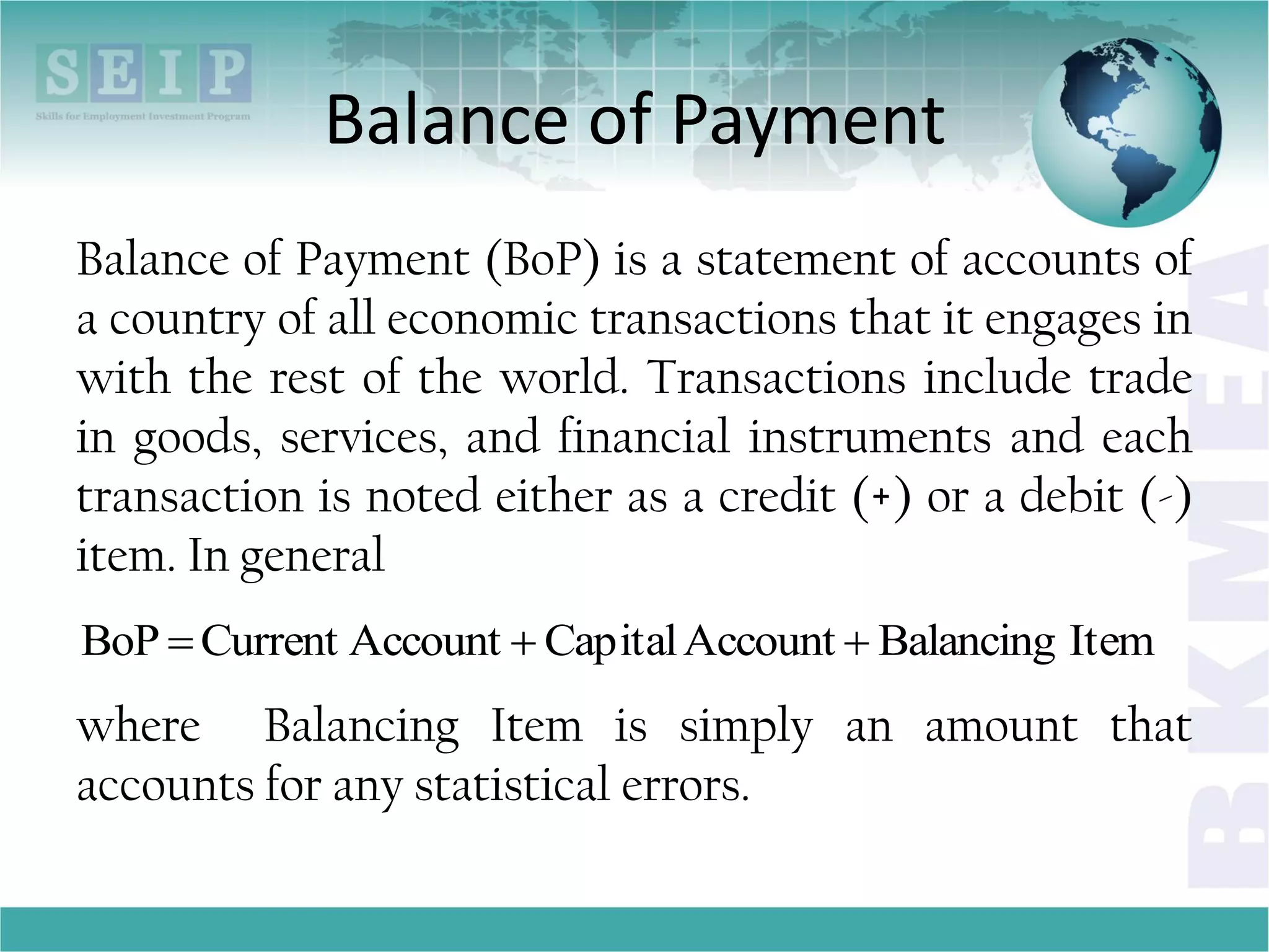 Balance of Payment
Balance of Payment (BoP) is a statement of accounts of
a country of all economic transactions that it engages in
with the rest of the world. Transactions include trade
in goods, services, and financial instruments and each
transaction is noted either as a credit (+) or a debit (-)
item. In general
where Balancing Item is simply an amount that
accounts for any statistical errors.
ItemBalancingAccountCapitalAccountCurrentBoP 
 