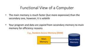 Functional View of a Computer
Main
Memory
Secondary
Memory
E.g., Random Access Memory (RAM)
• The main memory is much faster (but more expensive) than the
secondary one, however, it is volatile
• Your program and data are copied from secondary memory to main
memory for efficiency reasons
 
