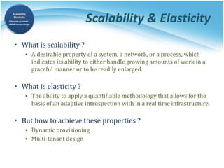 Scalability & Elasticity
• What is scalability ?
▪ A desirable property of a system, a network, or a process, which
indicates its ability to either handle growing amounts of work in a
graceful manner or to be readily enlarged.
• What is elasticity ?
▪ The ability to apply a quantifiable methodology that allows for the
basis of an adaptive introspection with in a real time infrastructure.
• But how to achieve these properties ?
▪ Dynamic provisioning
▪ Multi-tenant design
 
