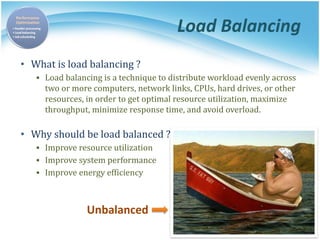 Load Balancing
• What is load balancing ?
▪ Load balancing is a technique to distribute workload evenly across
two or more computers, network links, CPUs, hard drives, or other
resources, in order to get optimal resource utilization, maximize
throughput, minimize response time, and avoid overload.
• Why should be load balanced ?
▪ Improve resource utilization
▪ Improve system performance
▪ Improve energy efficiency
Unbalanced
 