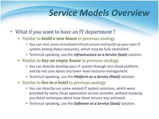 Service Models Overview
• What if you want to have an IT department ?
▪ Similar to build a new house in previous analogy
• You can rent some virtualized infrastructure and build up your own IT
system among those resources, which may be fully controlled.
• Technical speaking, use the Infrastructure as a Service (IaaS) solution.
▪ Similar to buy an empty house in previous analogy
• You can directly develop your IT system through one cloud platform,
and do not care about any lower level resource management.
• Technical speaking, use the Platform as a Service (PaaS) solution.
▪ Similar to live in a hotel in previous analogy
• You can directly use some existed IT system solutions, which were
provided by some cloud application service provider, without knowing
any detail technique about how these service was achieved.
• Technical speaking, use the Software as a Service (SaaS) solution.
 