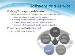 Software as a Service
• Enabling Technique – Web Service
▪ Web 2.0 is the trend of using the full potential of the web
• Viewing the Internet as a computing platform
• Running interactive applications through a web browser
• Leveraging interconnectivity and mobility of devices
• Enhanced effectiveness with greater human participation
• Properties provided by Internet :
▪ Accessibility and Portability
 