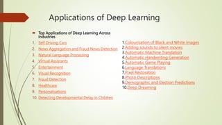Applications of Deep Learning
 Top Applications of Deep Learning Across
Industries
1. Self Driving Cars
2. News Aggregation and Fraud News Detection
3. Natural Language Processing
4. Virtual Assistants
5. Entertainment
6. Visual Recognition
7. Fraud Detection
8. Healthcare
9. Personalisations
10. Detecting Developmental Delay in Children
1.Colourisation of Black and White images
2.Adding sounds to silent movies
3.Automatic Machine Translation
4.Automatic Handwriting Generation
5.Automatic Game Playing
6.Language Translations
7.Pixel Restoration
8.Photo Descriptions
9.Demographic and Election Predictions
10.Deep Dreaming
 