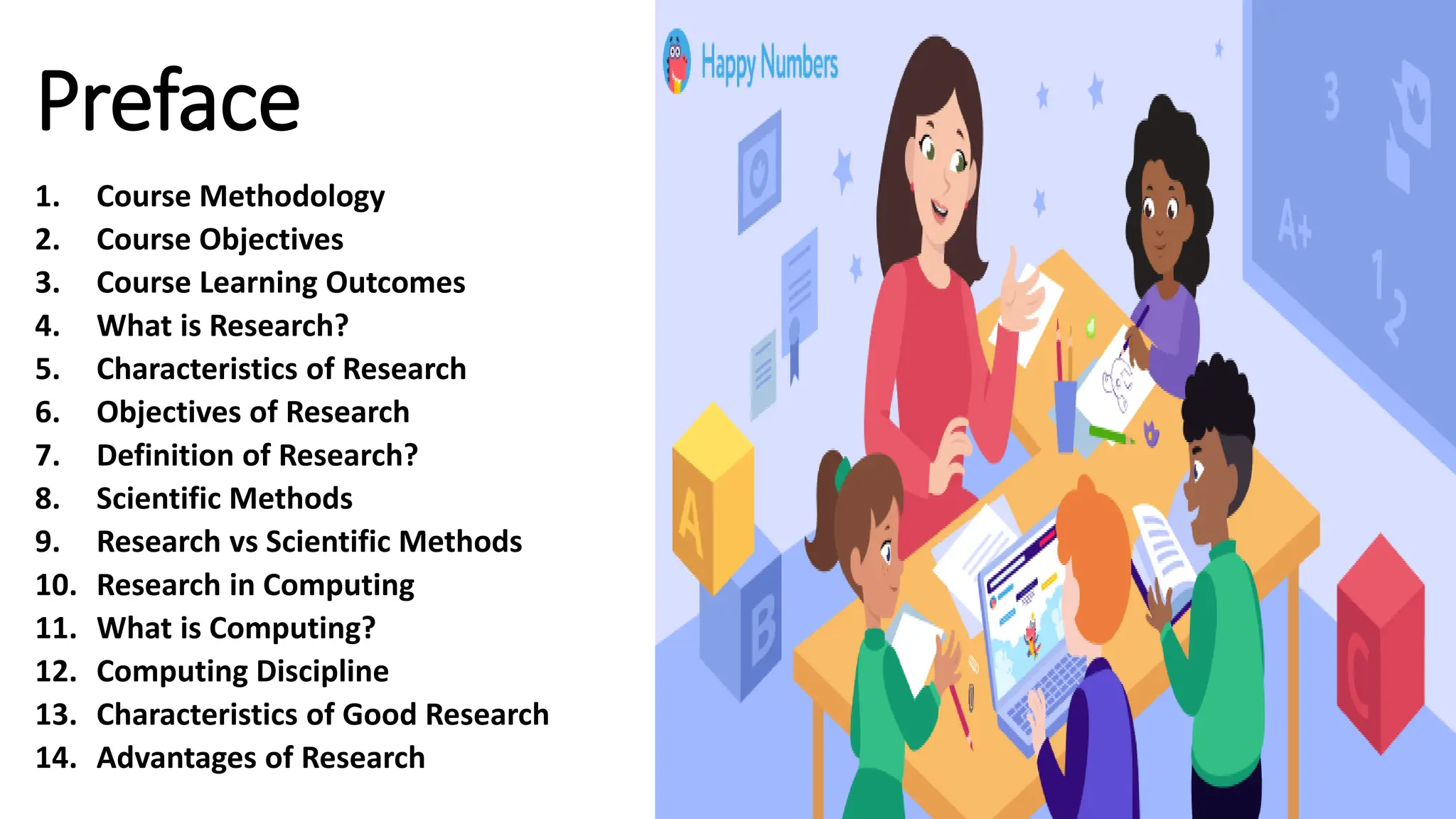 Preface
1. Course Methodology
2. Course Objectives
3. Course Learning Outcomes
4. What is Research?
5. Characteristics of Research
6. Objectives of Research
7. Definition of Research?
8. Scientific Methods
9. Research vs Scientific Methods
10. Research in Computing
11. What is Computing?
12. Computing Discipline
13. Characteristics of Good Research
14. Advantages of Research
 