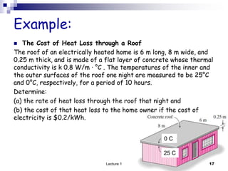 Example:
 The Cost of Heat Loss through a Roof
The roof of an electrically heated home is 6 m long, 8 m wide, and
0.25 m thick, and is made of a flat layer of concrete whose thermal
conductivity is k 0.8 W/m · °C . The temperatures of the inner and
the outer surfaces of the roof one night are measured to be 25°C
and 0°C, respectively, for a period of 10 hours.
Determine:
(a) the rate of heat loss through the roof that night and
(b) the cost of that heat loss to the home owner if the cost of
electricity is $0.2/kWh.
17
Lecture 1
25 C
0 C
 